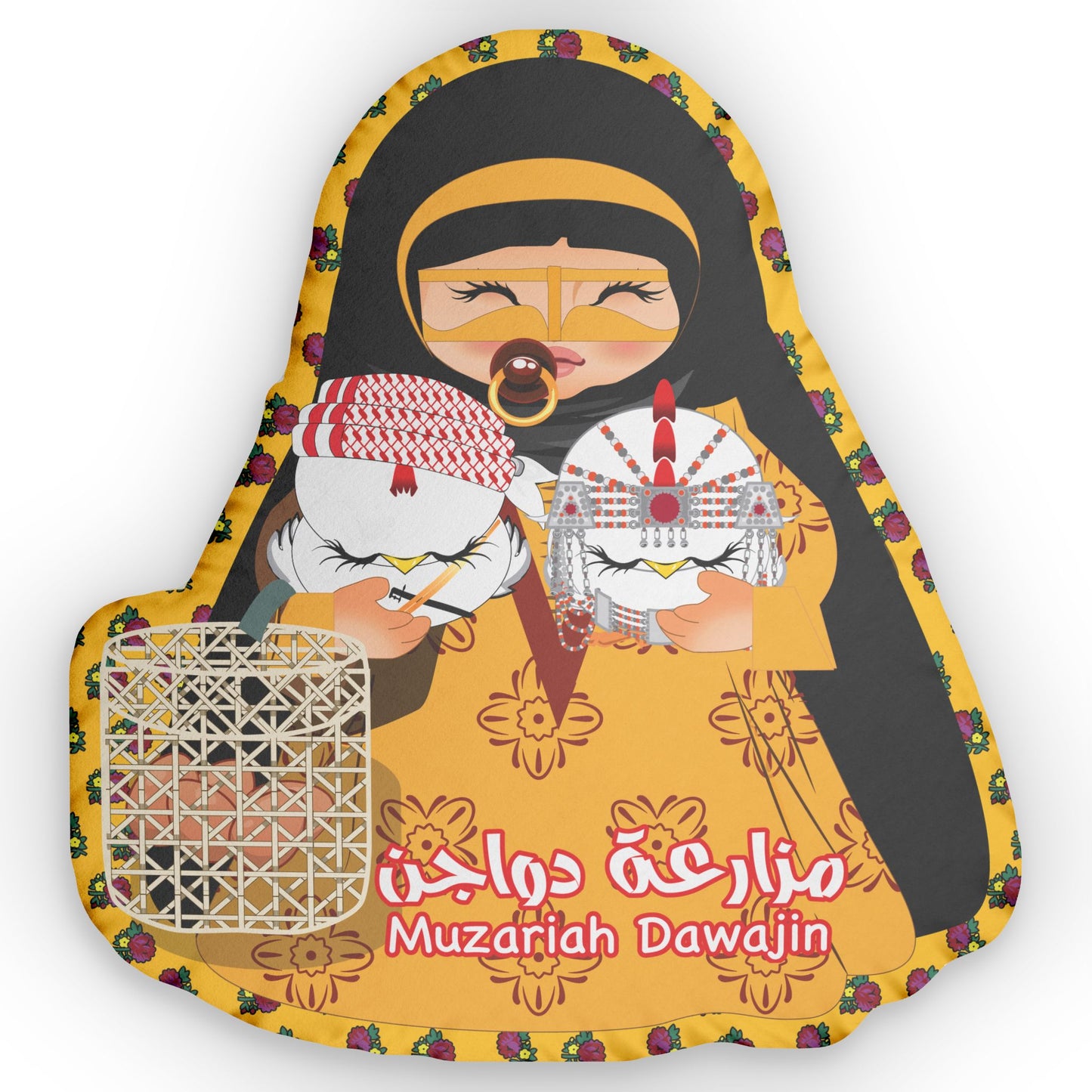 cicken farmer cushion with 2 chickens in her hands