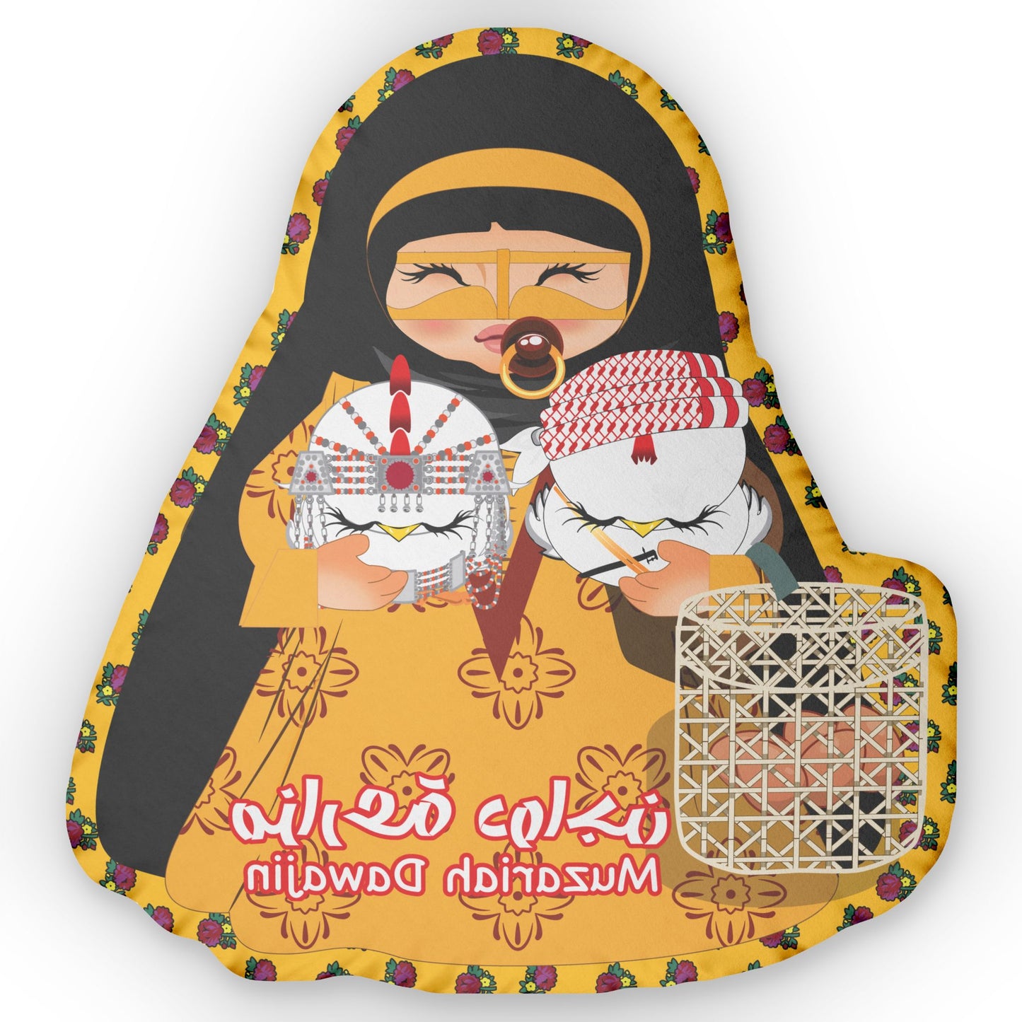 cicken farmer pillow with 2 chickens in her hands