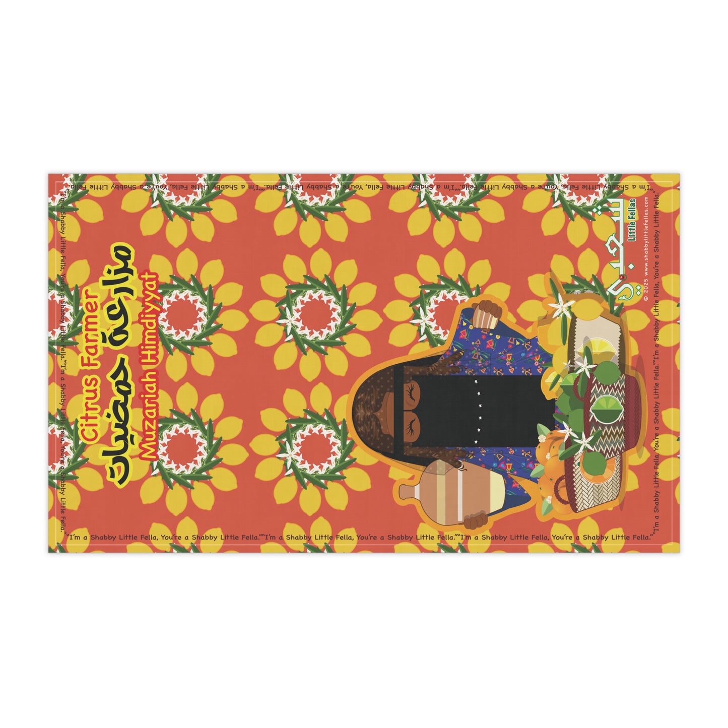Citrus farmer with citrus fruit patten teatowel lemons side