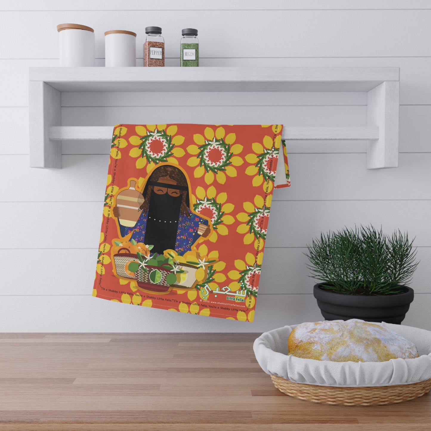 Citrus farmer with citrus fruit patten teatowel