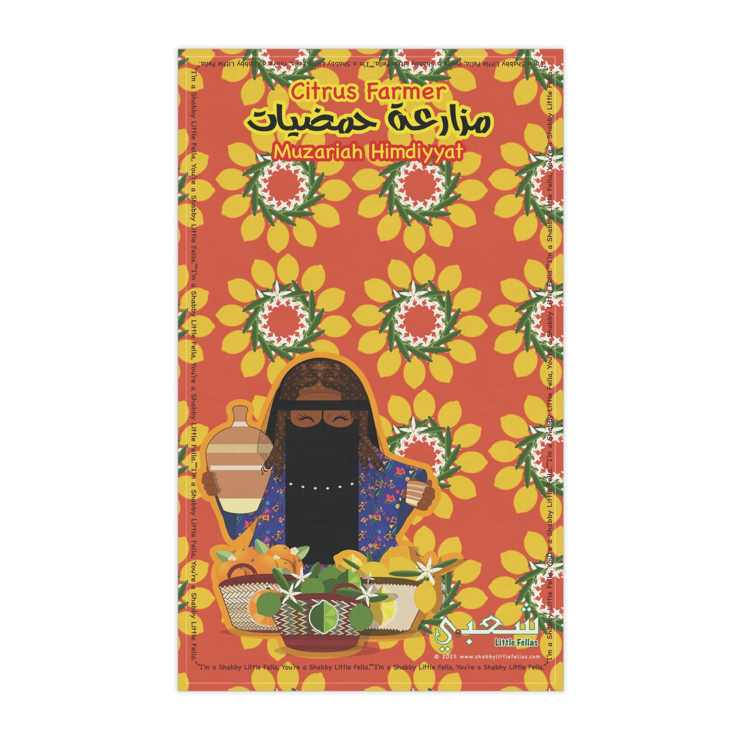 Citrus farmer with citrus fruit patten teatowel lemon and orange background
