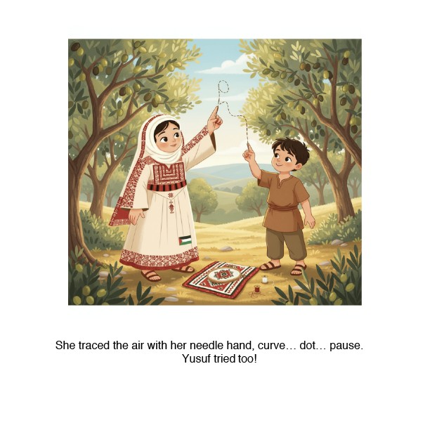 Illustration of two children in traditional clothing playing with a needle and thread outdoors.