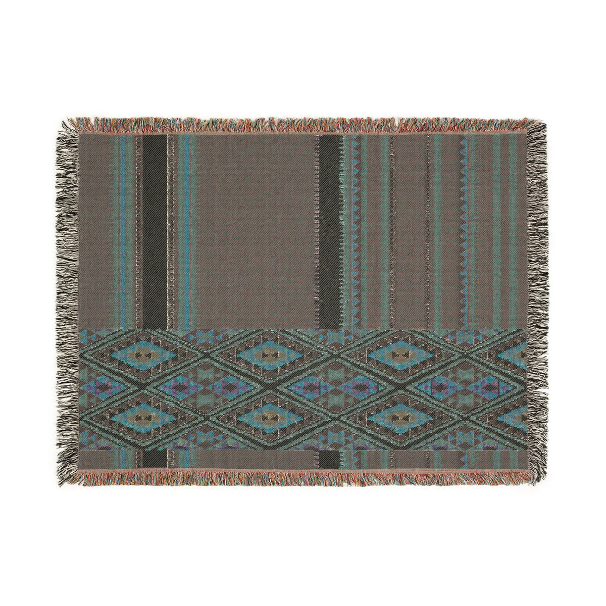 Woven blanket with geometric pattern on a white background