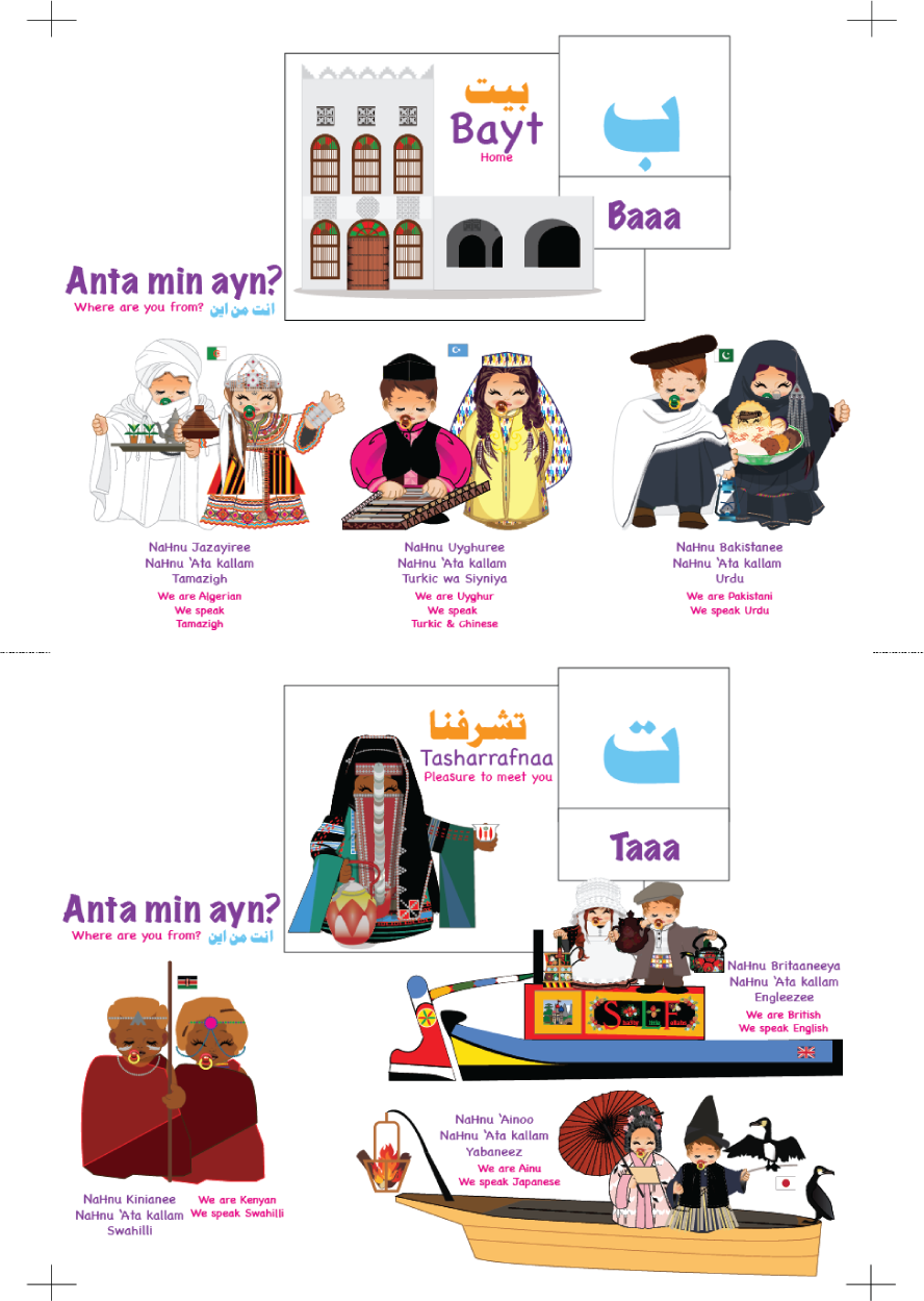 kawaii illustrations in arabic and english