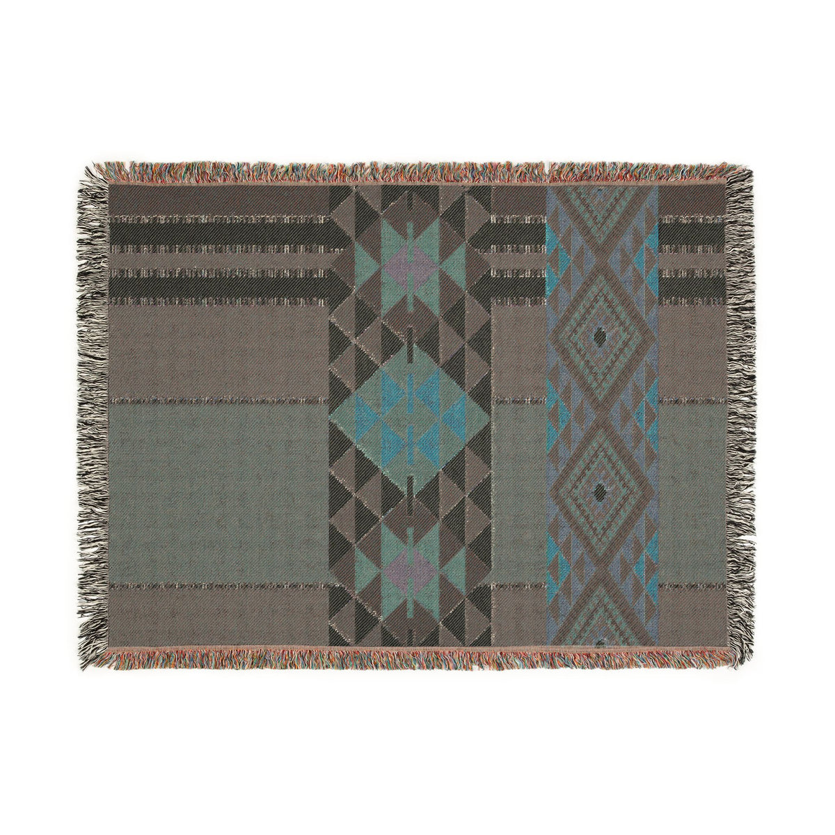 Woven blanket with geometric pattern on a white background