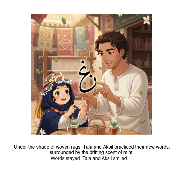 Illustration of a man and a girl in a cozy room with woven rugs and mint plants learning arabic.