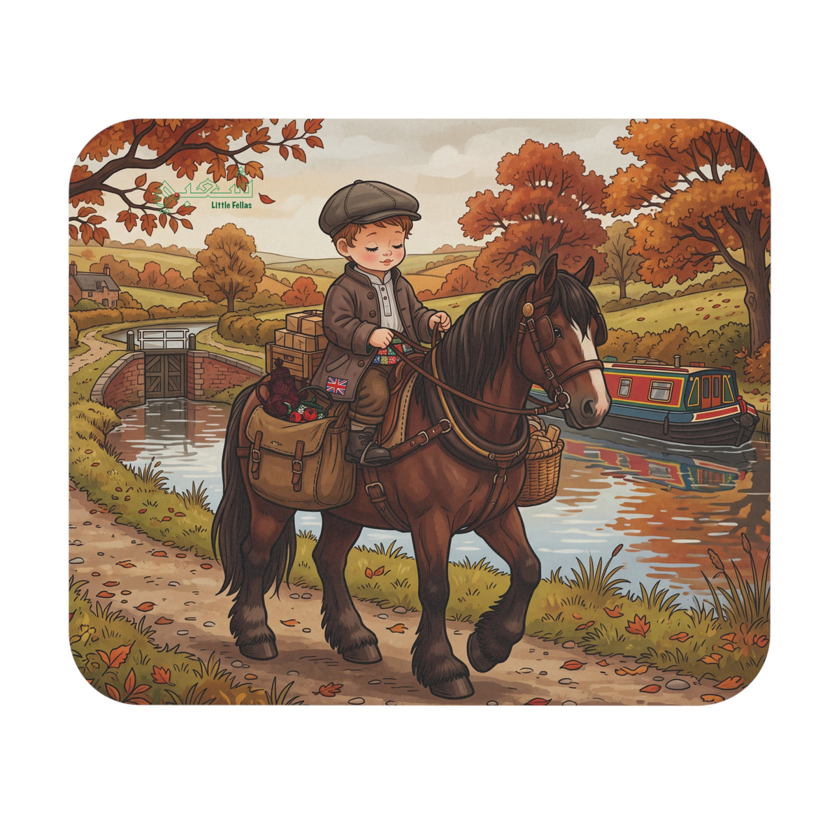 Autumn English Countryside Mouse Pad — Boy on Shire Horse by Canal