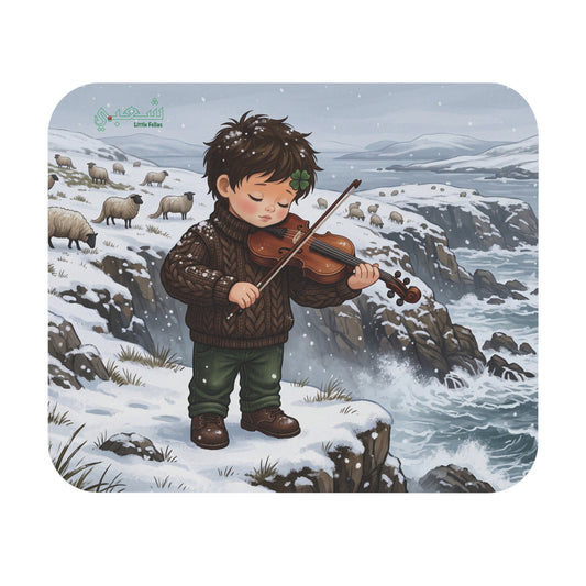 Donegal Fiddler Mouse Pad — Cute Boy Playing Violin in Snowy Sheep Landscape