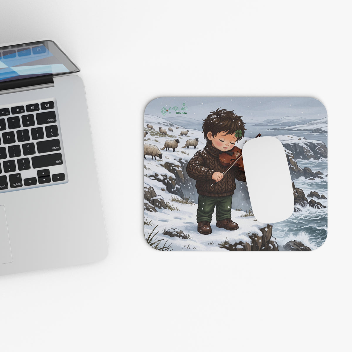 Irish Fiddler Mouse Pad — Cute Boy Playing Violin in Snowy Sheep Landscape