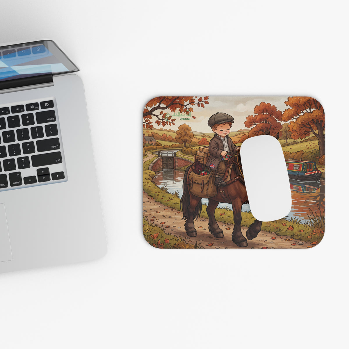 Autumn English Countryside Mouse Pad — Boy on Shire Horse by Canal