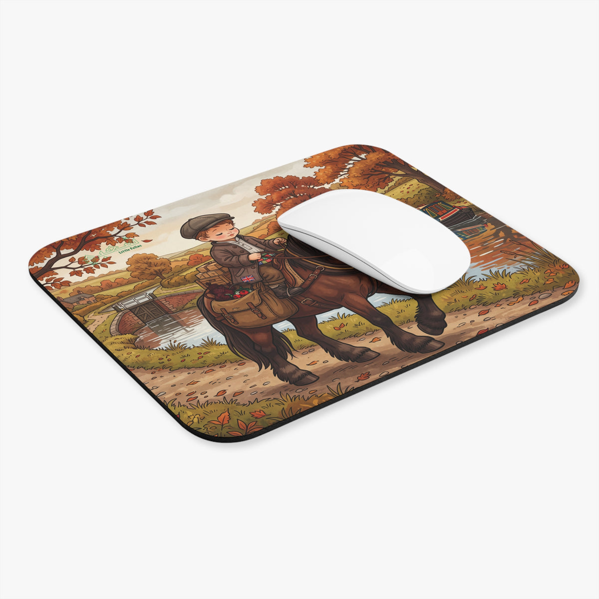 Autumn English Countryside Mouse Pad — Boy on Shire Horse by Canal