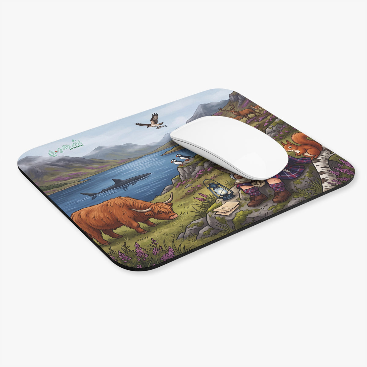 Scottish Highlands Wildlife Mouse Pad — Cute Highland Boy Reading by Loch
