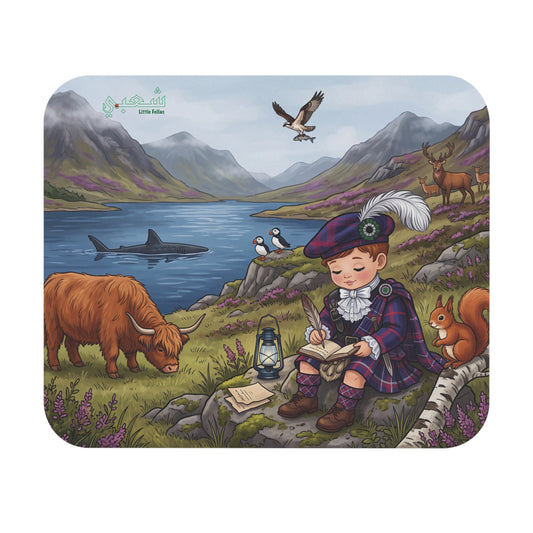 Scottish Highlands Wildlife Mouse Pad — Cute Highland Boy Reading by Loch