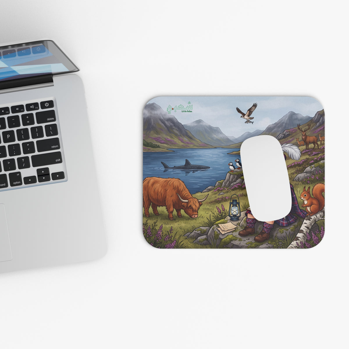 Scottish Highlands Wildlife Mouse Pad — Cute Highland Boy Reading by Loch
