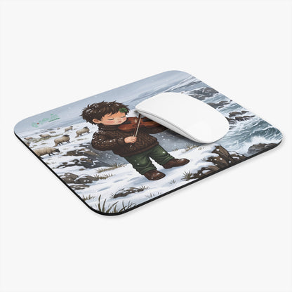 Irish Fiddler Mouse Pad — Cute Boy Playing Violin in Snowy Sheep Landscape