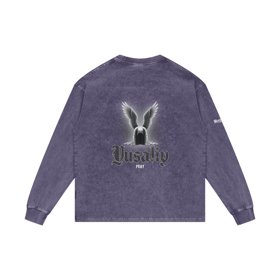 Yusaliy - Pray | Myrenium Armour of Angels | Acid Wash Oversize Long Sleeve T-Shirt