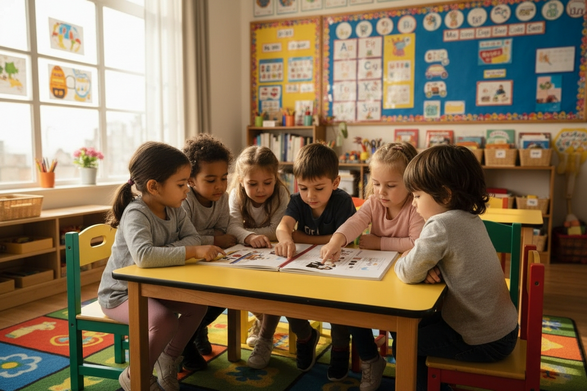 Children sitting around a table in a classroom setting, engaged in an activity.