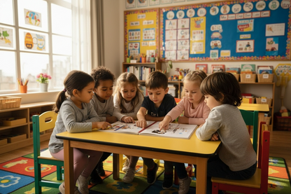 Children sitting around a table in a classroom setting, engaged in an activity.