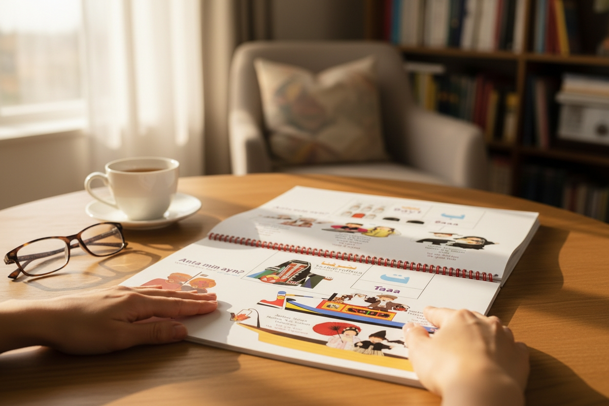 Person flipping through a colorful book on a wooden table with a cup of coffee and glasses nearby.