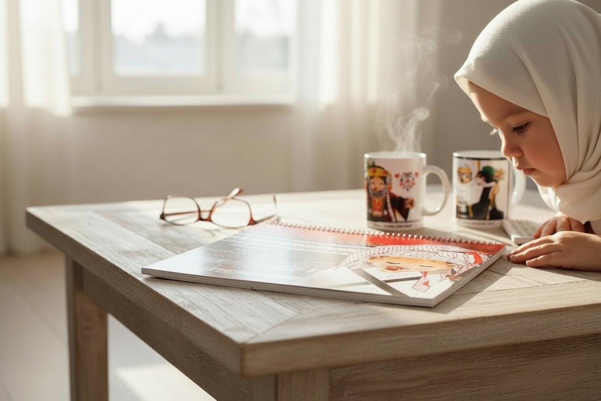 Child wearing a hijab sitting at a table with a mug, notebook, and glasses.