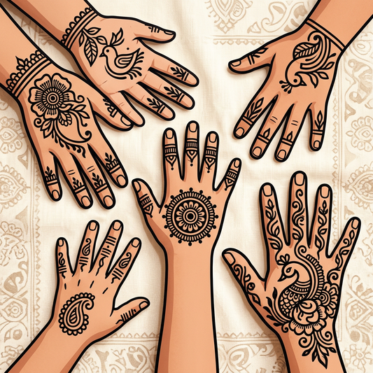 Illustration of hands with intricate mehndi designs on a patterned background