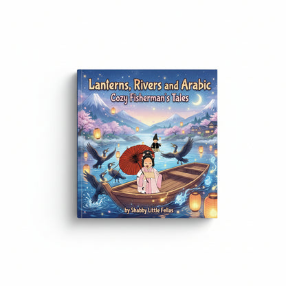 Book cover with a woman in a boat, lanterns, and mountains on a white background