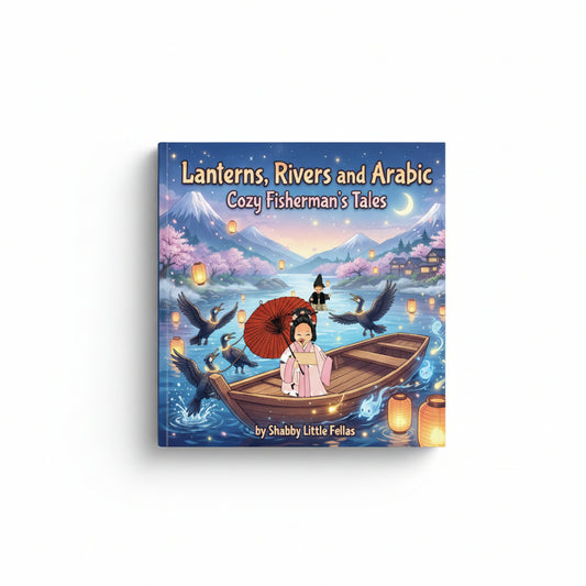 Book cover with a woman in a boat, lanterns, and mountains on a white background