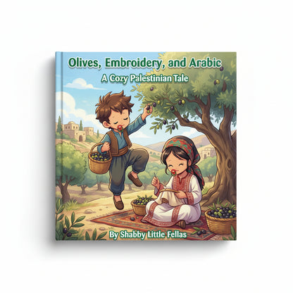 Book cover of 'Olives, Embroidery, and Arabic' with illustrations of a boy and girl in an olive grove.