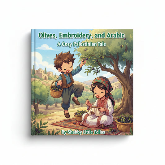 Book cover of 'Olives, Embroidery, and Arabic' with illustrations of a boy and girl in an olive grove.