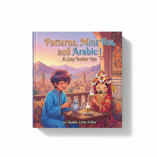 Book cover of 'Patterns, Mint Tea, and Arabic' with two characters on a balcony.