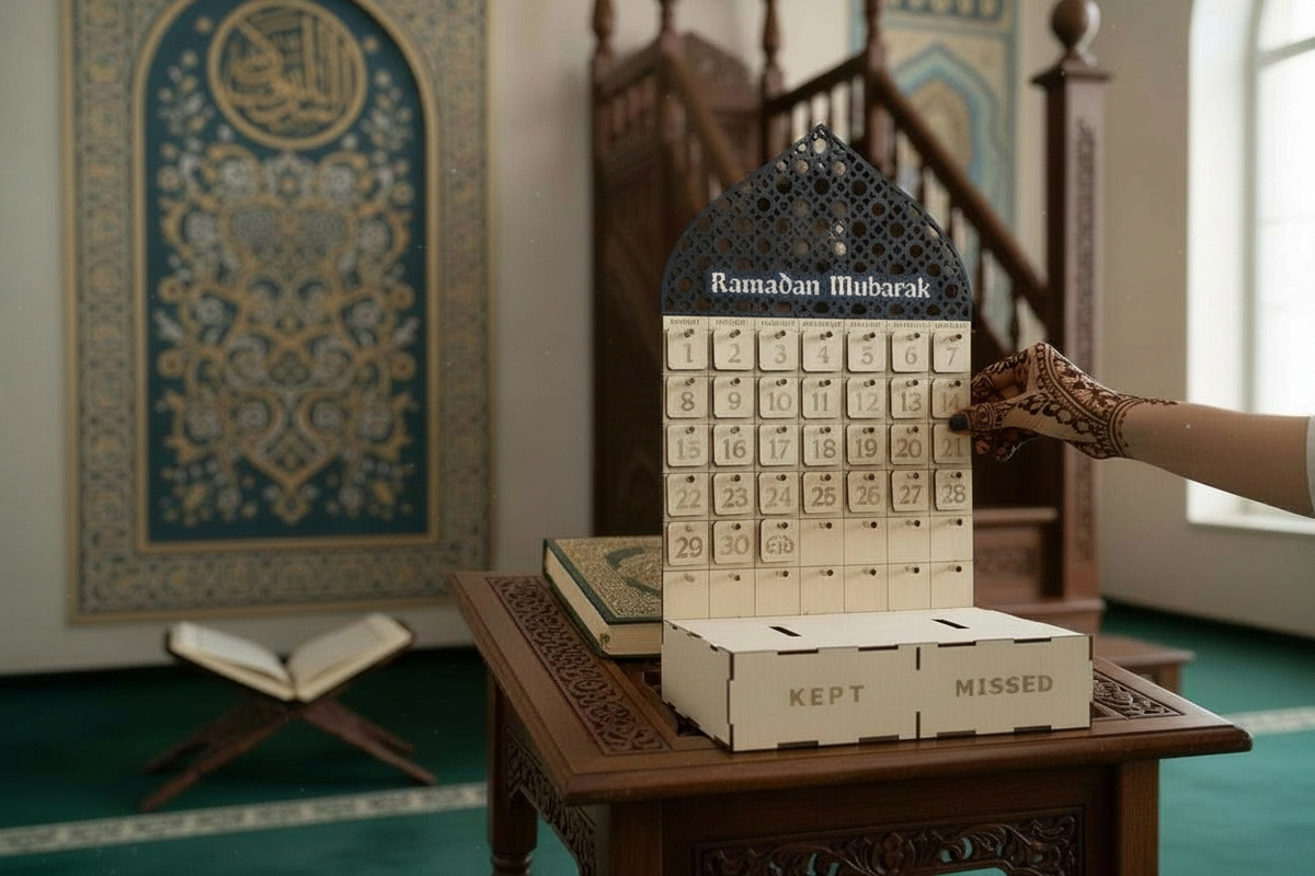 Ramadan Mubarak calendar on a table with a decorated wall in the background