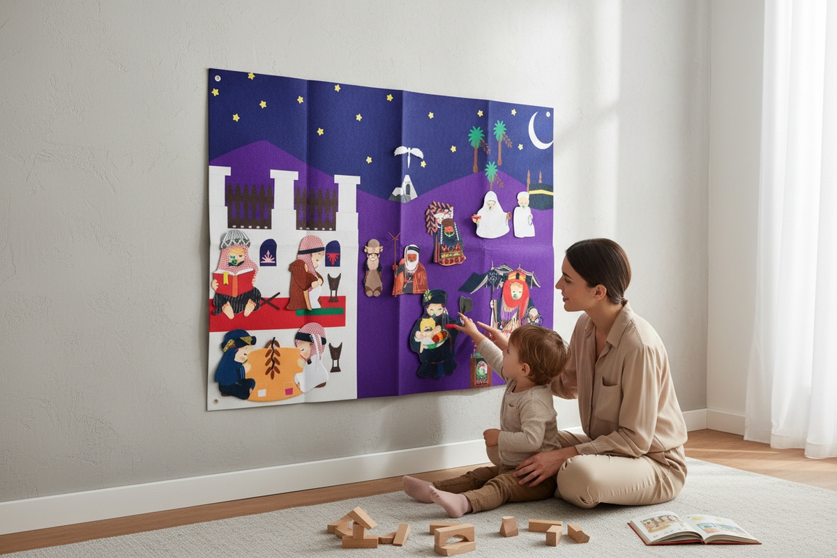 Woman and child interacting with a felt story board on a wall