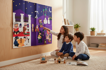 Children playing with a Advent calendar in a room with wooden floor and white walls.