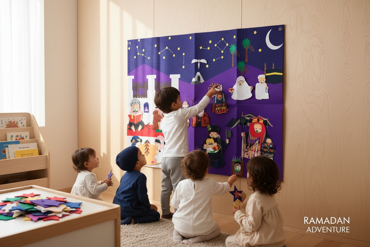 Children playing with a felt board in a classroom setting, with 'Ramadan Adventure' text.