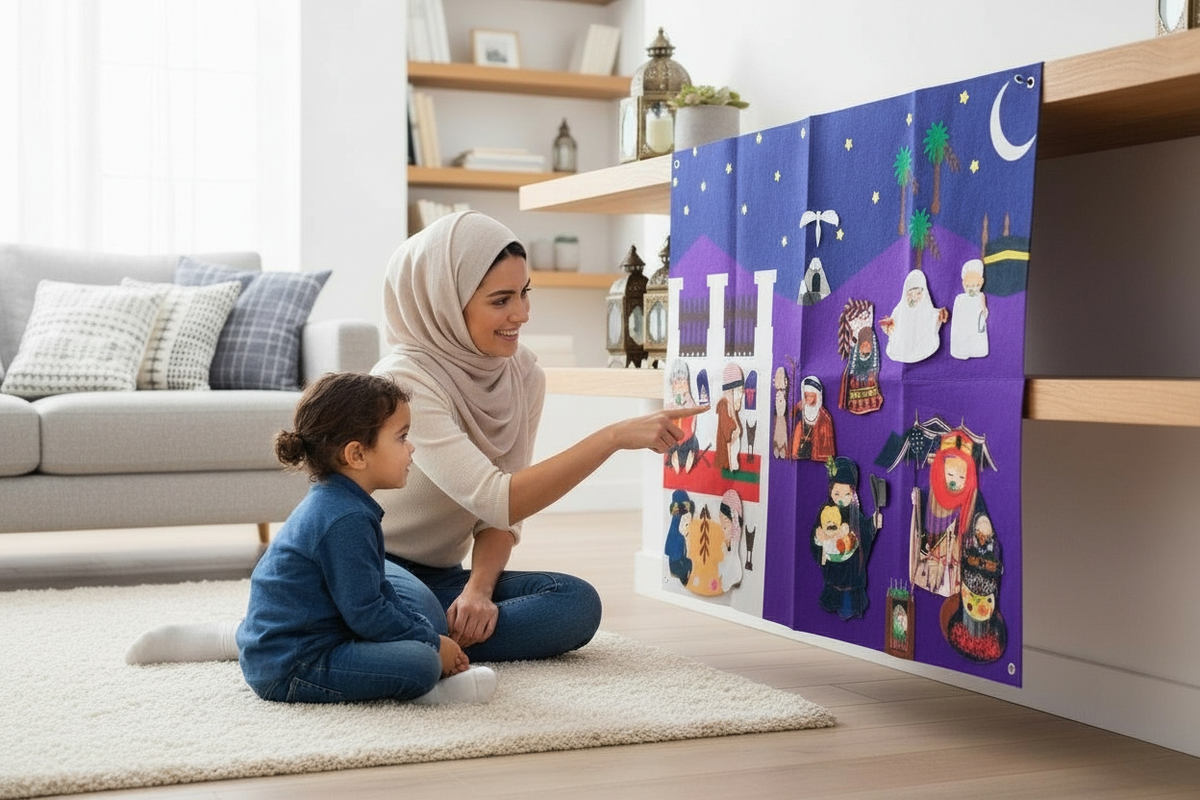 Woman and child looking at a colorful Advent calendar in a living room.