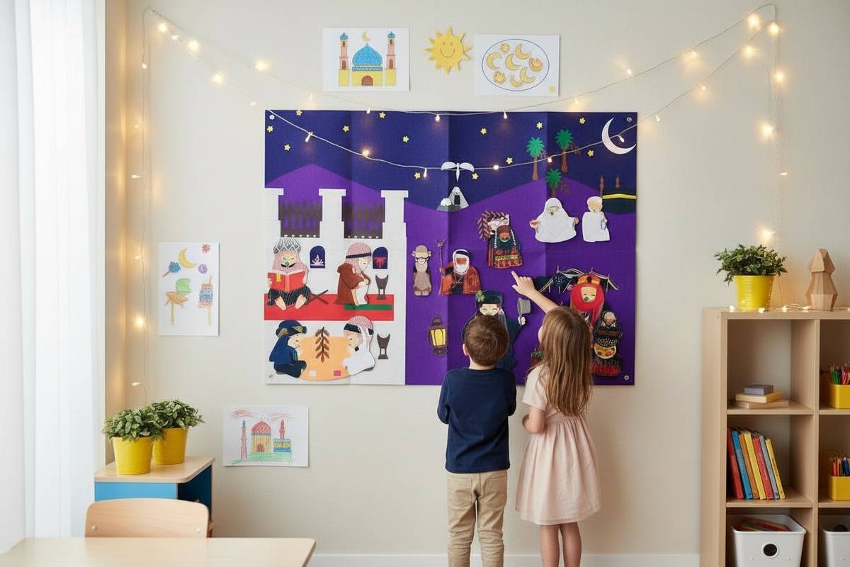 Two children looking at a colorful calendar on a wall with decorative lights and plants.