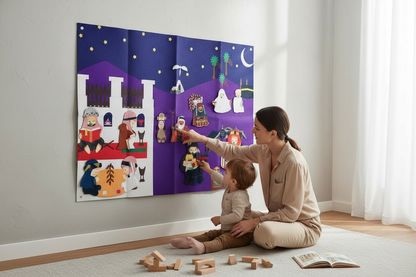 Woman and child interacting with a felt board on a wall in a room.
