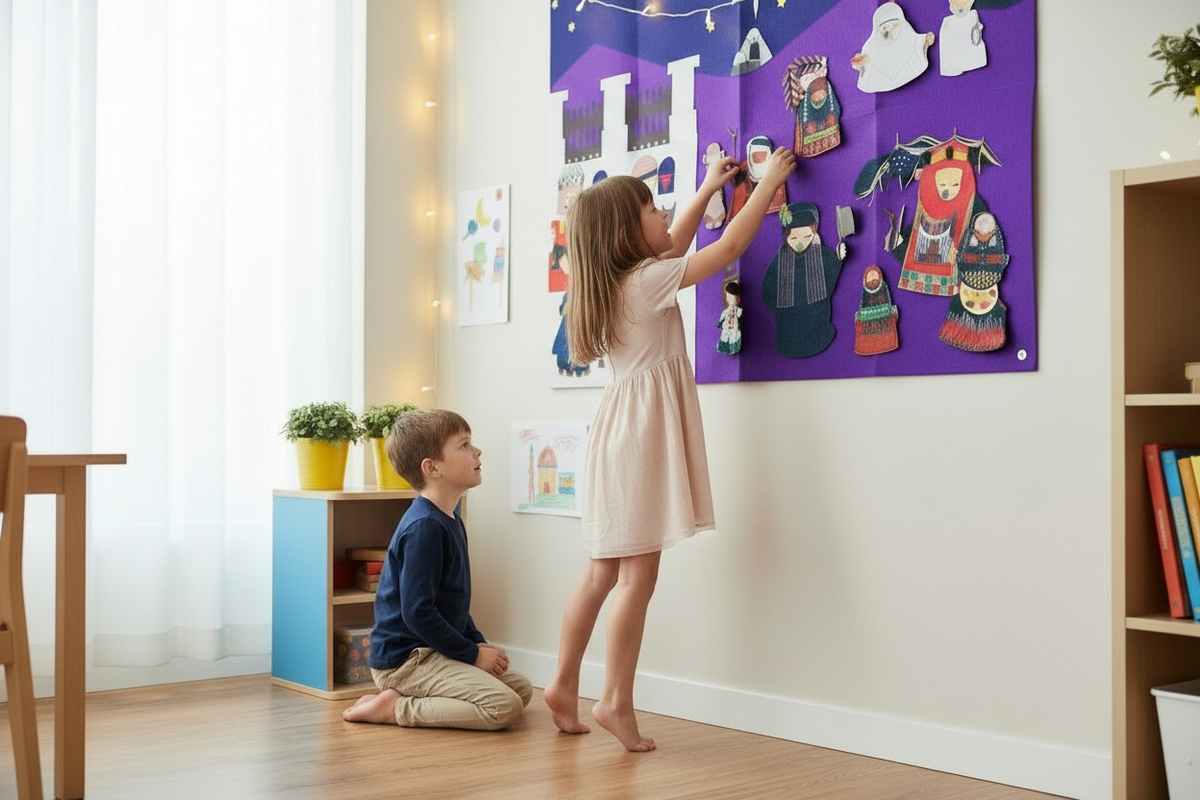 Two children interacting with a colorful bulletin board in a room with shelves and plants.