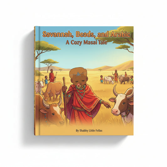 Book cover of 'Savannah, Beads, and Arabic' with an illustration of a child in traditional attire among cows.