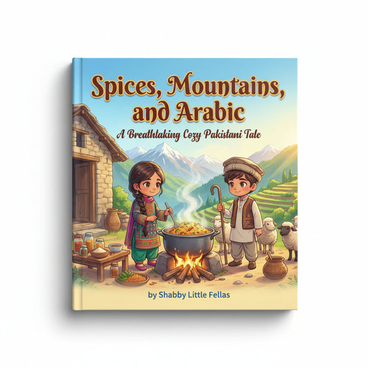 Book cover of 'Spices, Mountains, and Arabic' with two characters cooking over a fire in a mountainous village.