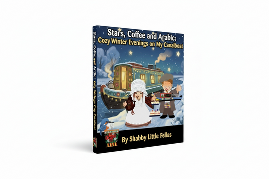 Book cover of 'Stars, Coffee and Arabic: Cozy Winter Evenings on My Canalboat' by Shabby Little Fellas with a canal boat illustration.