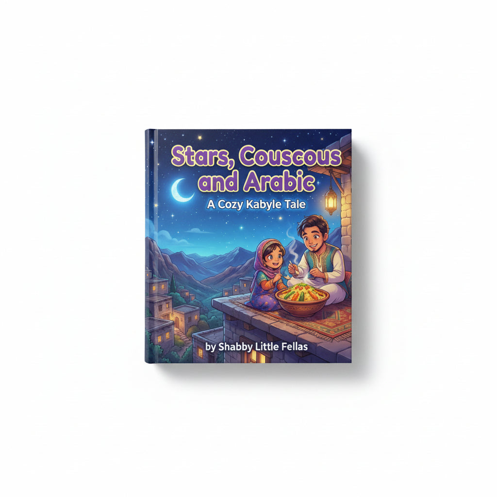 Book cover of 'Stars, Couscous and Arabic' with a couple by a campfire under a starry sky.