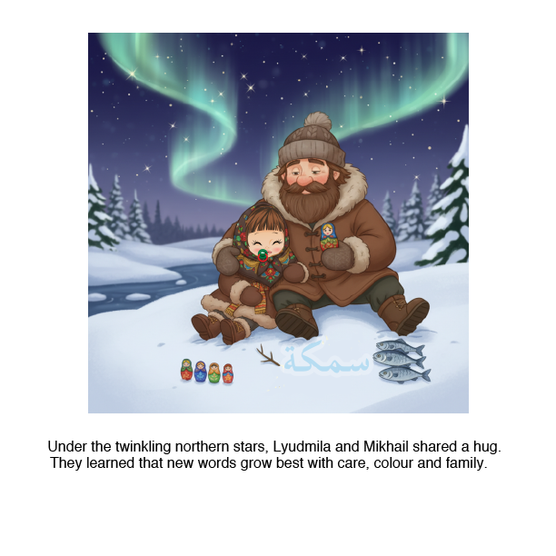 Illustration of a man and a child sitting on a log under the northern lights with text.