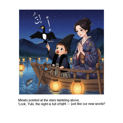 Illustration of a woman and child on a boat with lanterns, surrounded by mountains and stars.