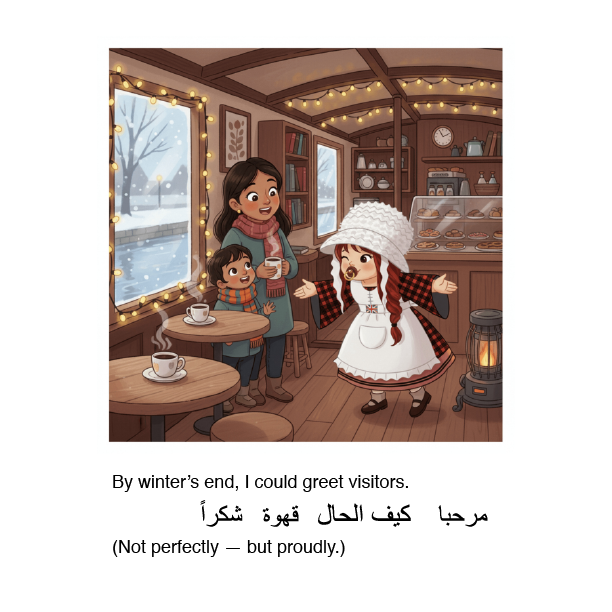 Illustration of a woman and two children in a cozy room with snow outside the window.
