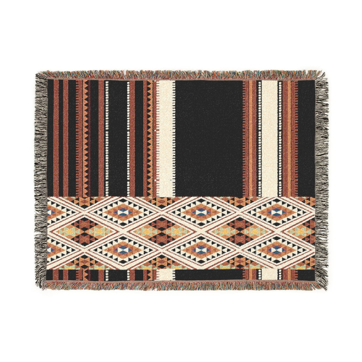 Woven blanket with geometric pattern on a white background