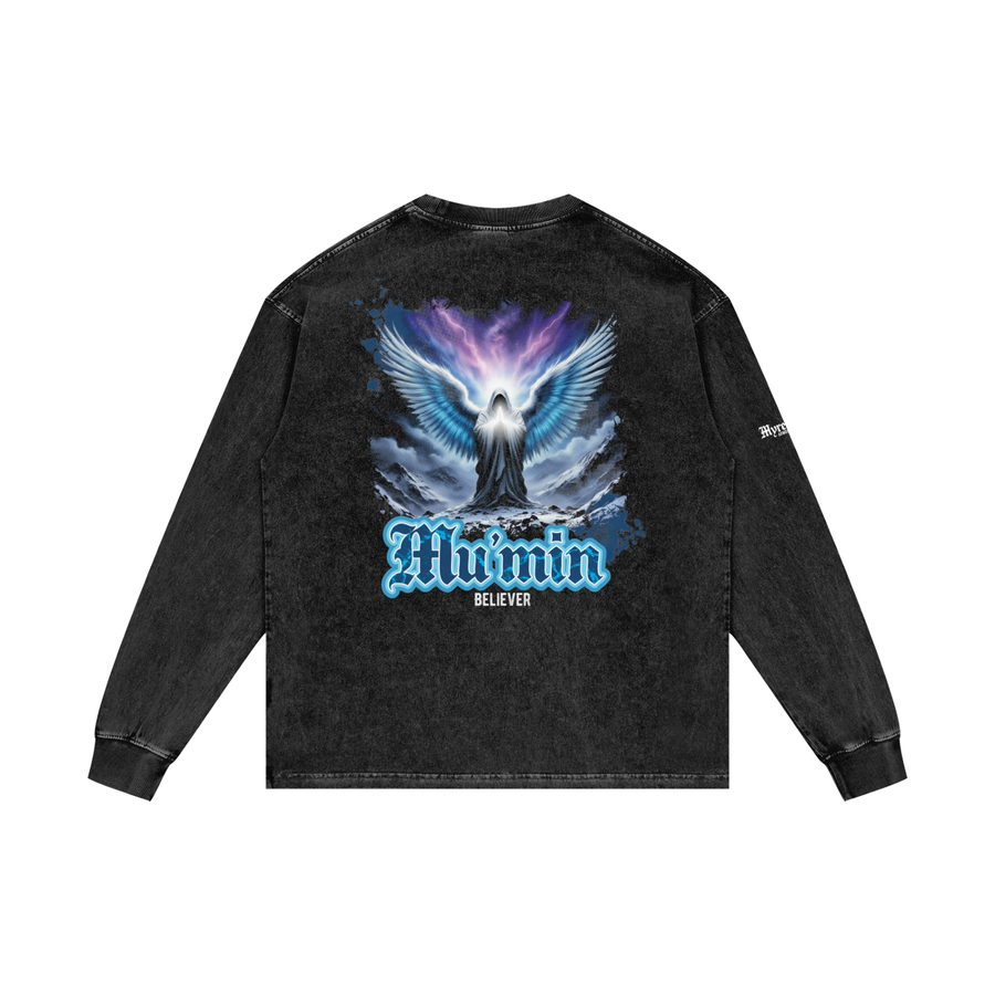 Mu'min - Believer | Myrenium Armour of Angels | Acid Wash Oversize Long Sleeve T-Shirt