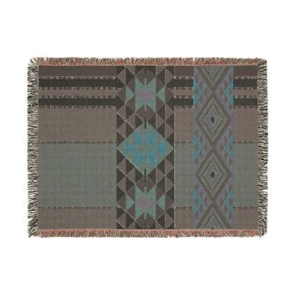 Woven blanket with geometric pattern on a white background