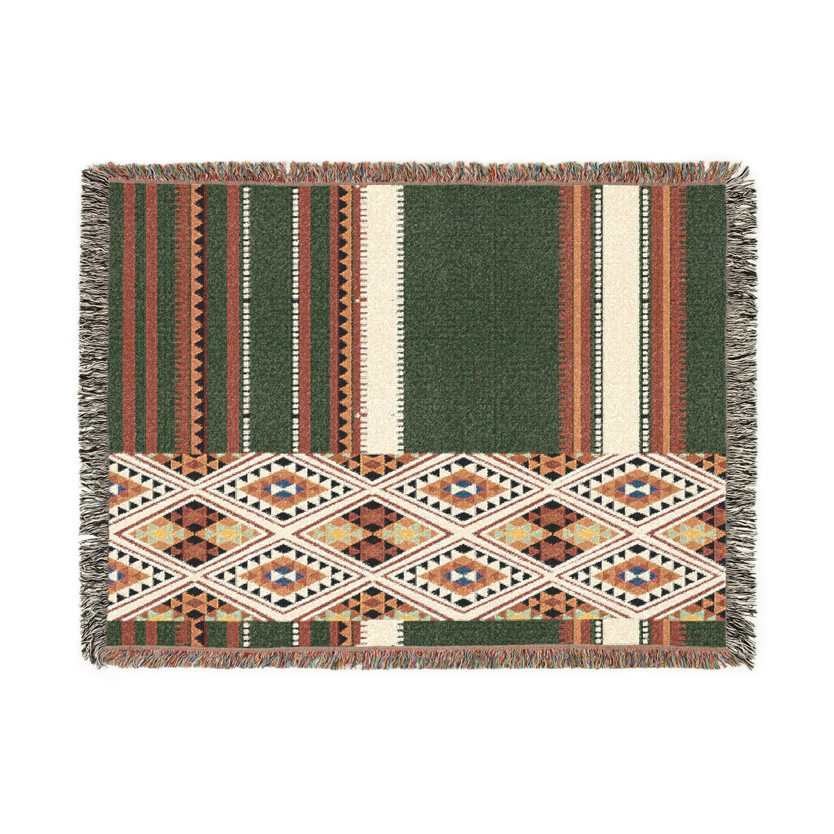 Woven blanket with geometric pattern on a white background