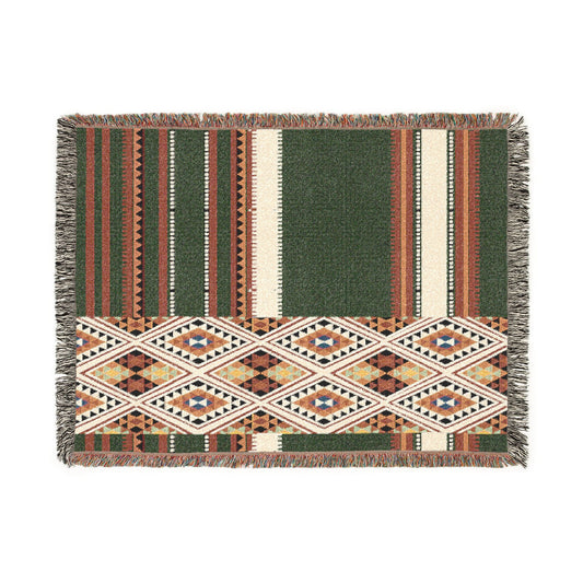 Woven blanket with geometric pattern on a white background